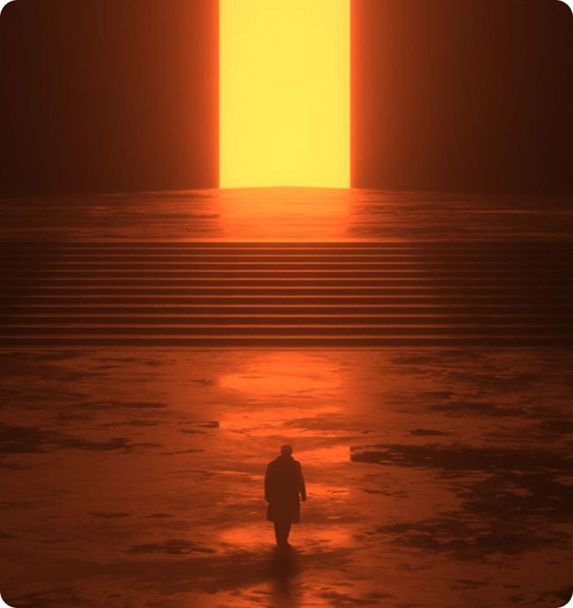 A person walking toward a glowing staircase.